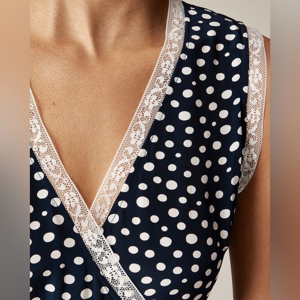 NWT Rouje x J. Crew Rencard navy and White Polka Dot Midi Wrap Dress - Picture 3 of 8